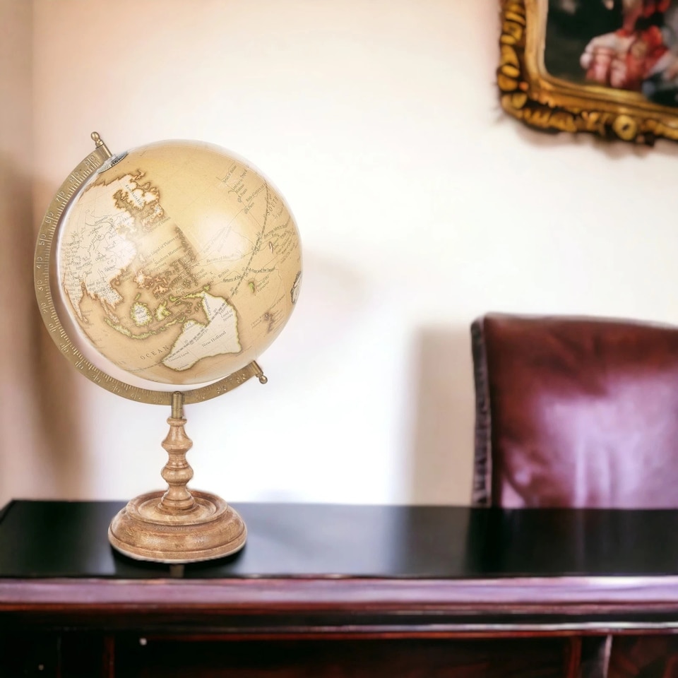 image 1 of World Globe On Wood & Metal Stand Desk Vintage Style Educational | Green | Copper 45cm