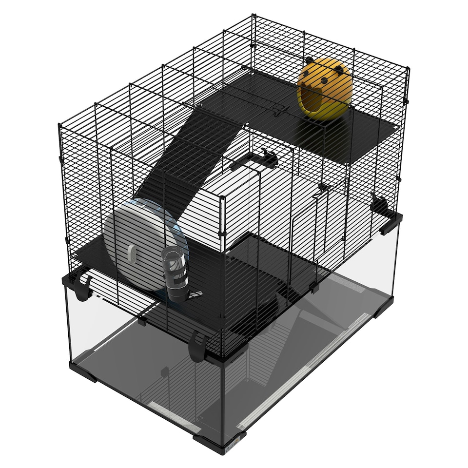 image 1 of PawHut 3 Tiers Hamster Cage w/ Deep Glass Bottom, Dish, Hut, 60 x 40 x 54.5cm