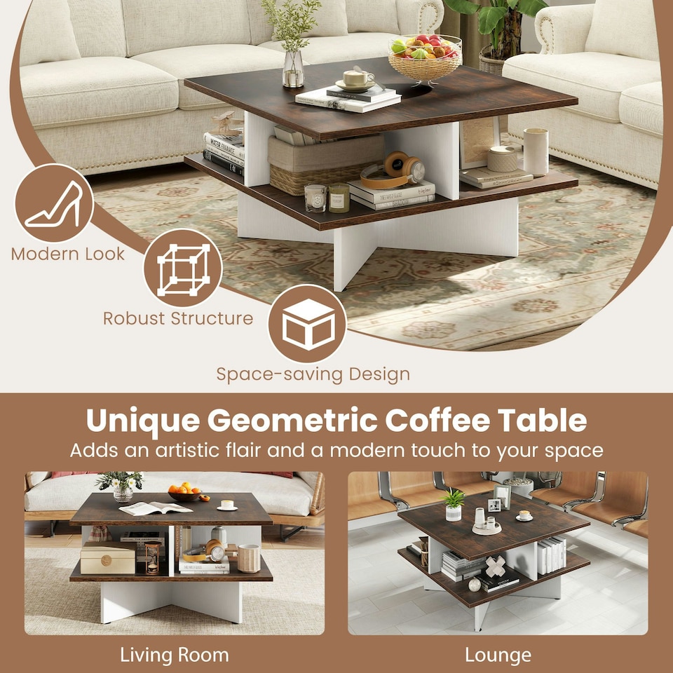 image 1 of COSTWAY 2-Tier Square Coffee Table 60cm Center Table Brown