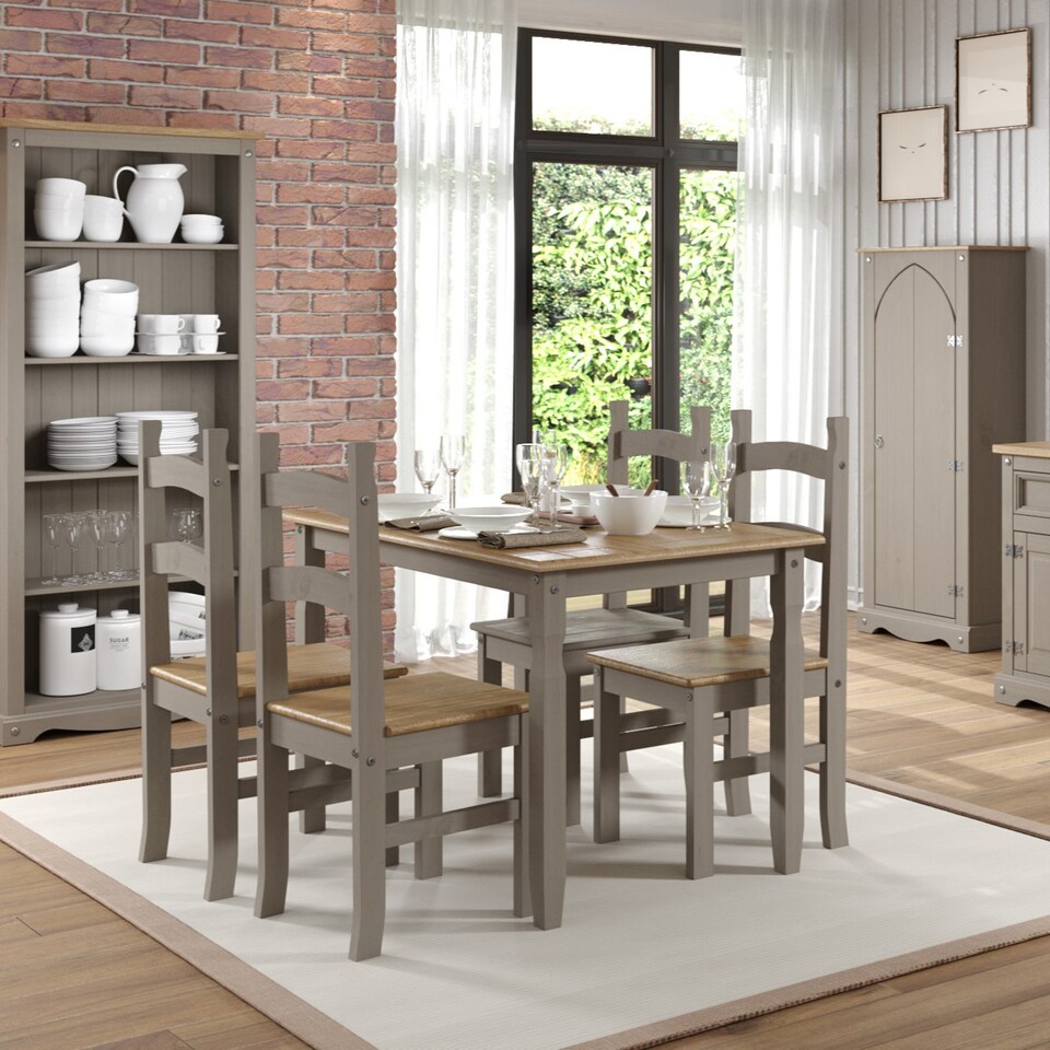 image 1 of Pair of Corona Solid Pine Dining Chairs with Antique or Grey Wax Finish – Wooden Kitchen Seating | Grey | Grey | 1