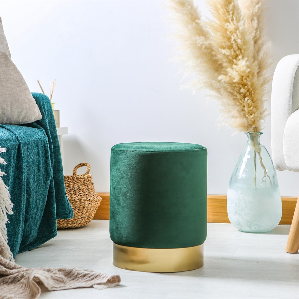 image 1 of Harbour Housewares Round Velvet Pouffe - 29 x 36cm - Green | Green | Green