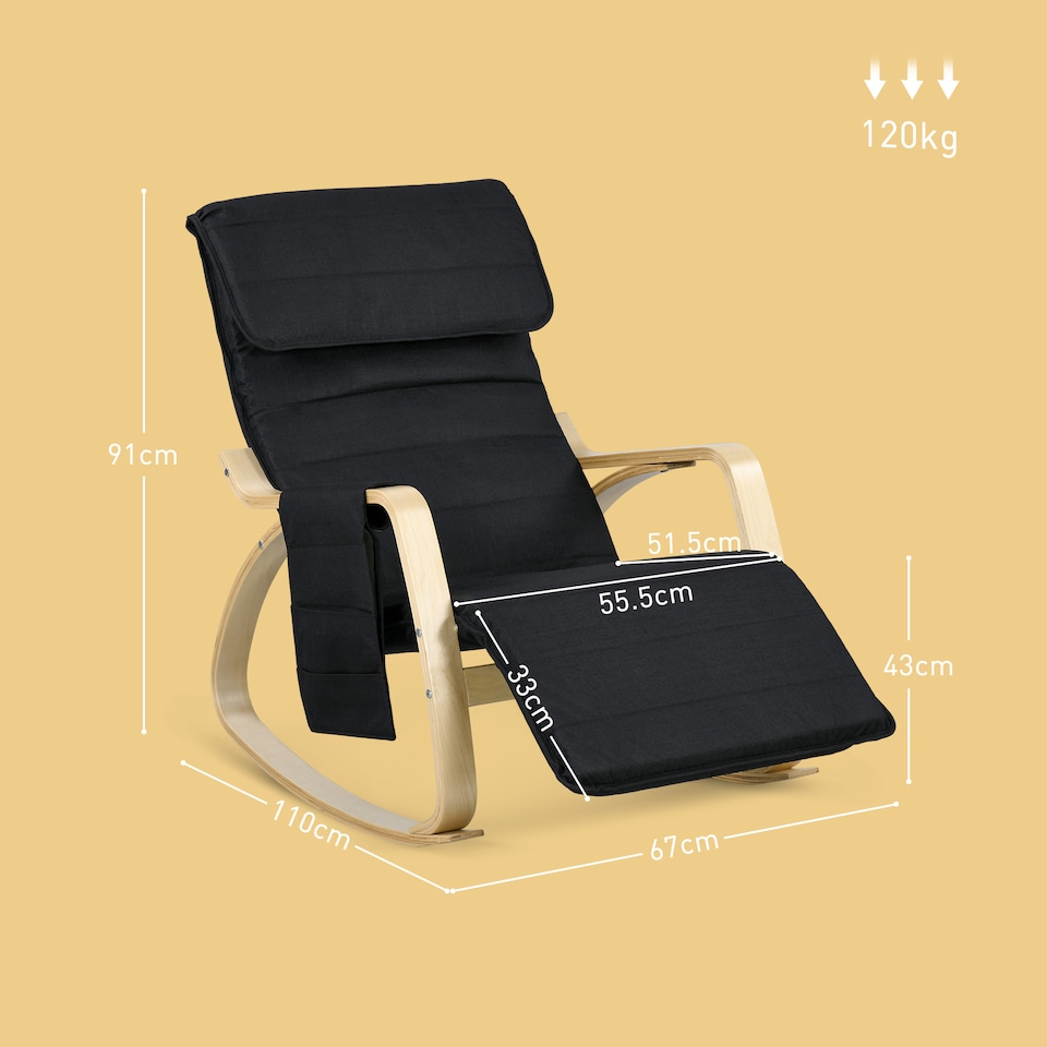 image 1 of HOMCOM Rocking Lounge Chair Recliner Relaxation Lounging Relaxing Seat with Adjustable Footrest, Side Pocket and Pillow, Black