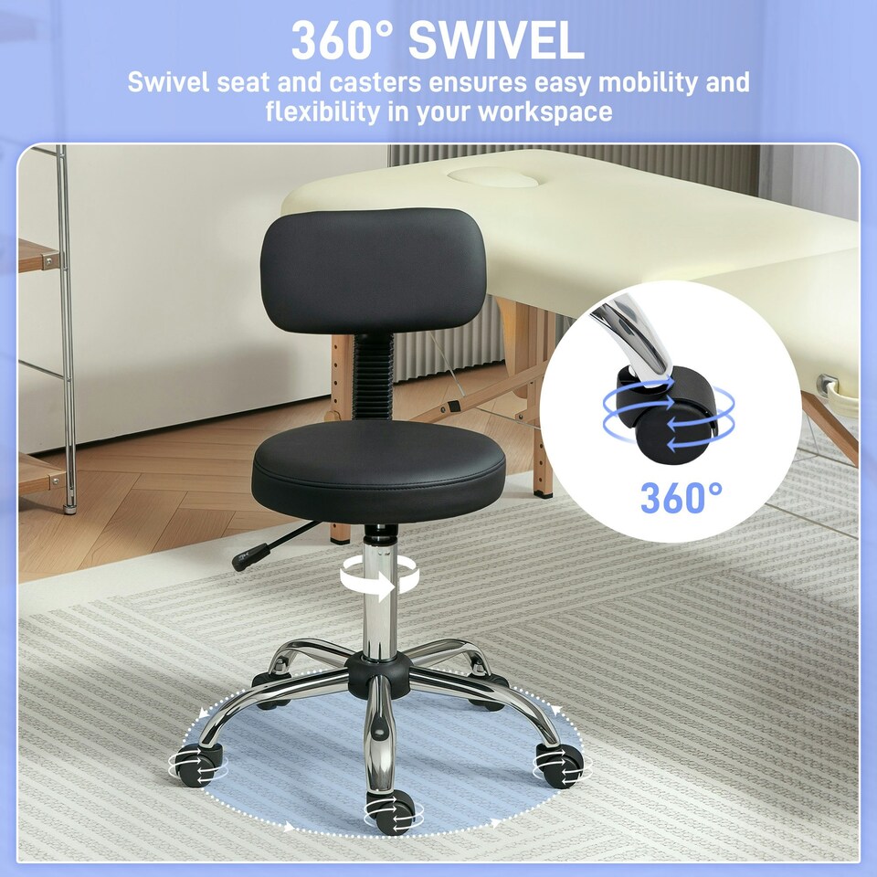 image 1 of HOMCOM Rolling Stool with Backrest, Wheels Pink