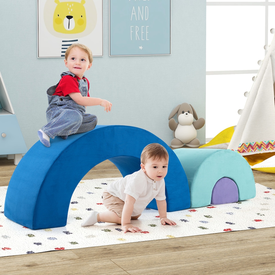 image 1 of COSTWAY Rainbow Arc Climber Playset Foam Climbing Blocks-Blue