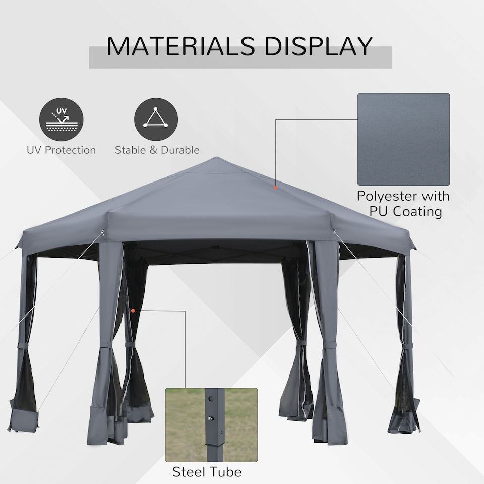 image 1 of Outsunny 3.8m x 3.2m Pop Up Gazebo Hexagonal Canopy Tent Outdoor Sun Protection with 6 Mesh Sidewalls, Hand Bag, Grey
