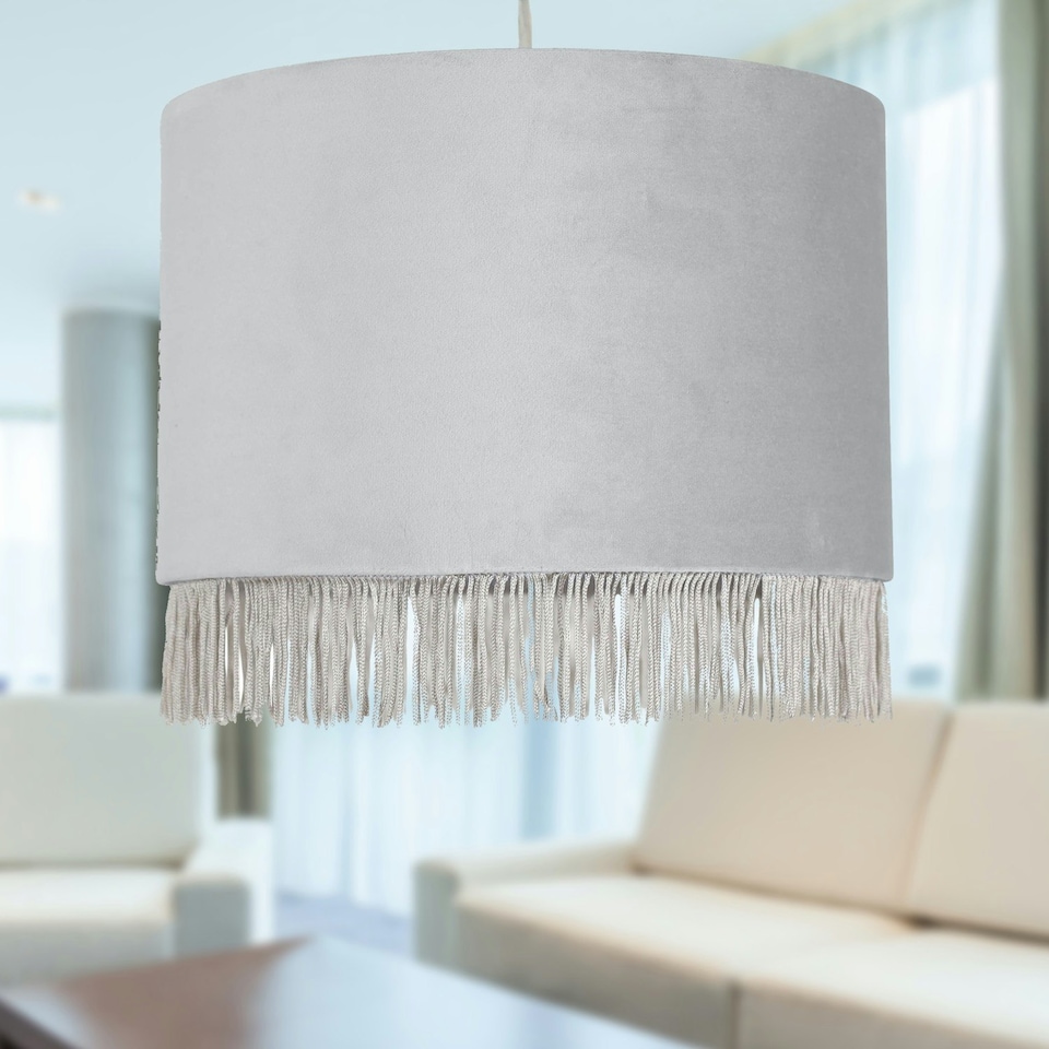 image 1 of First Choice Lighting Set of 2 Fringed Silvery Grey 23cm Fringed Velvet Pendant Shades Silver