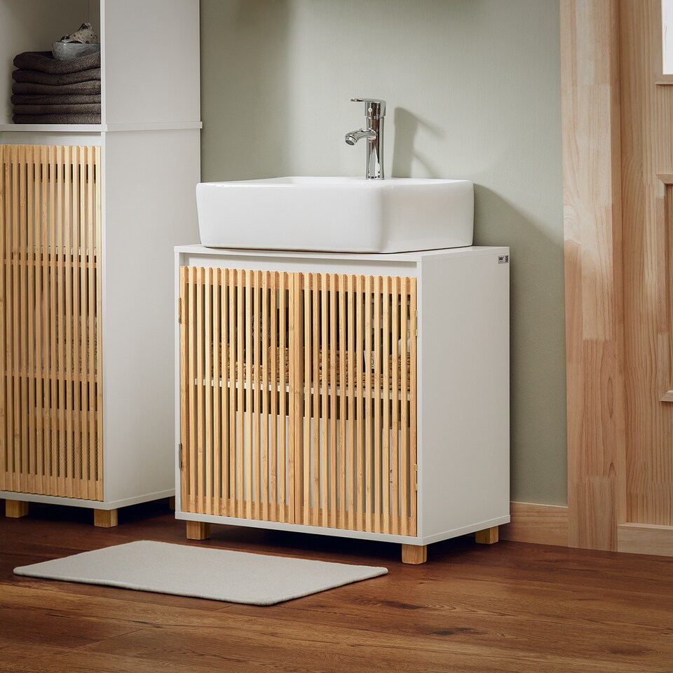 image 1 of SoBuy Under Sink Cabinet with 2 Bamboo Slatted Doors, White, 23.6x13.0x23.6 in, 11.5 kg - BZR125-W