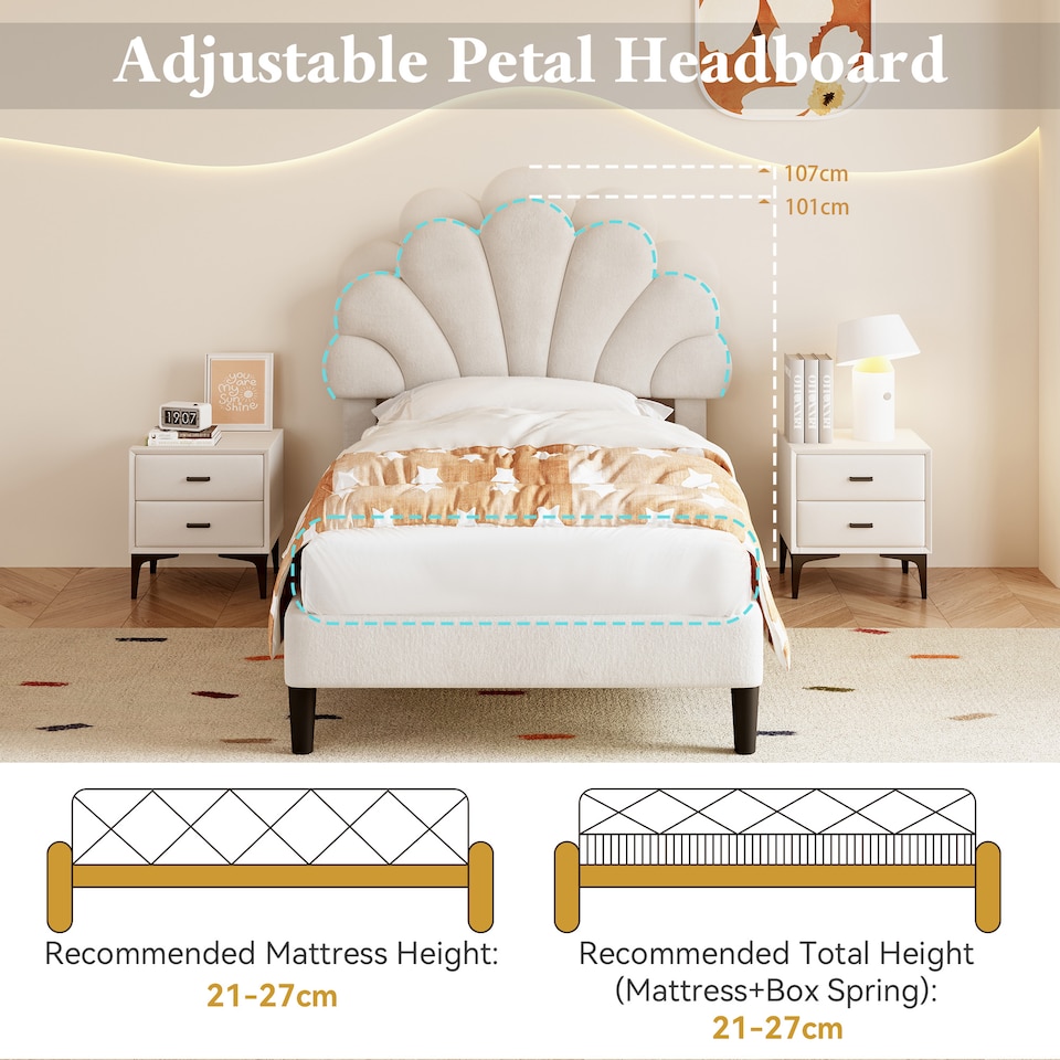 image 1 of Abrihome 3FT Single Velvet Upholstered Bed Frame 90x190cm with Adjustable Petal Headboard, Solid Wood Slats, No Box Spring Needed, Beige