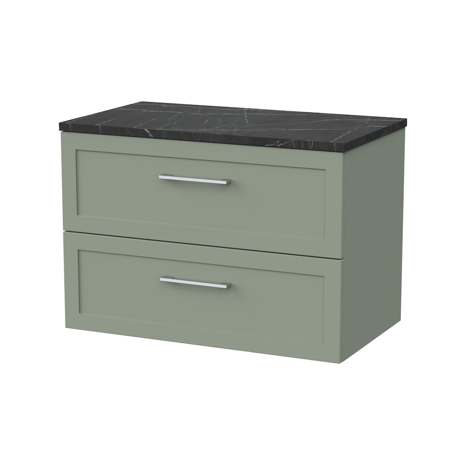 image 1 of Balterley Stonnall Traditional Wall Hung 2 Drawers Vanity Unit with Black Pietra Marble Laminate Worktop, 800mm, Reed Green