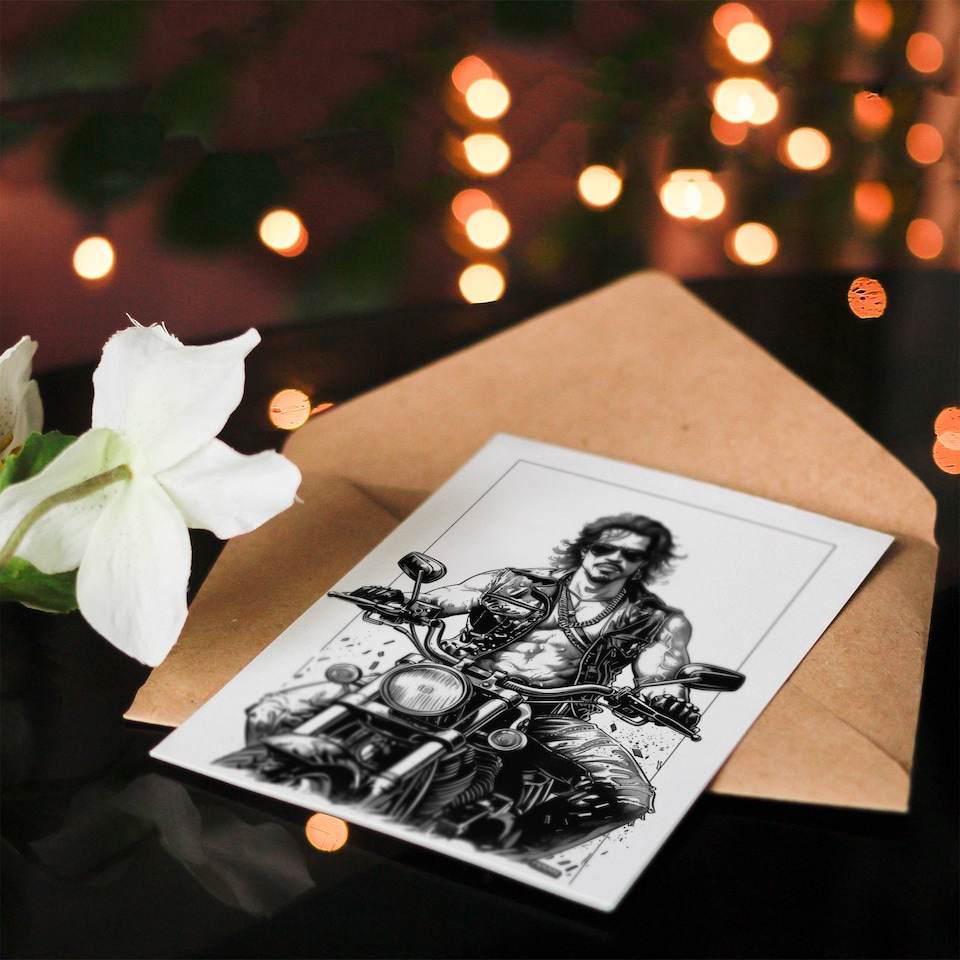 image 1 of Birthday Card Biker Drawing Muscle Sexy Motorbike Leather For Him Her