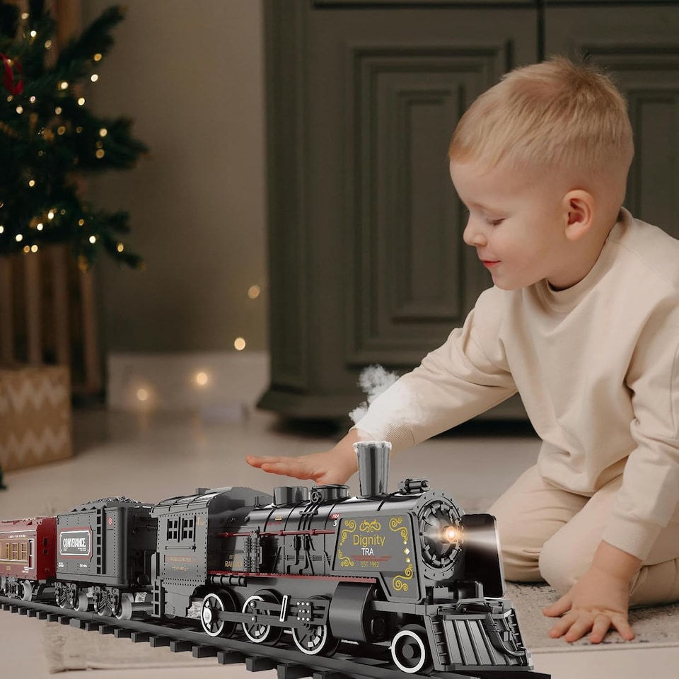 image 1 of Deluxe Edition Steam Train Set – Electric Classic Locomotive Toy with Lights, Real Smoke & Sounds