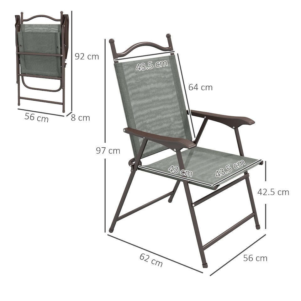 image 1 of Outsunny Folding Chairs Set of 2, Garden Chair with Armrest, Breathable Mesh Fabric Seat, Camping Sports Chairs for Adults, Dark Grey