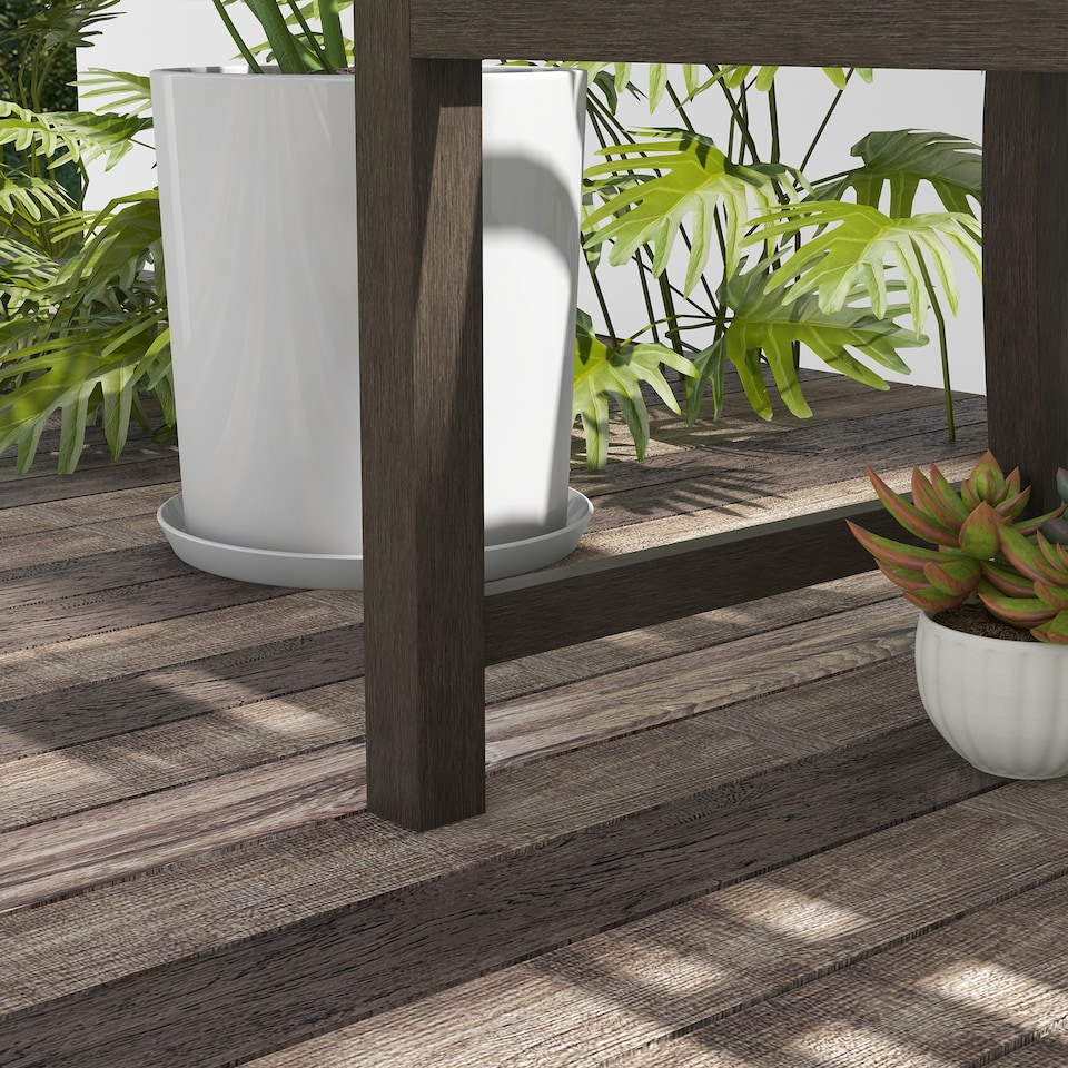 image 1 of Outsunny Garden Bench, Outdoor Metal Bench with Slatted Seat and Backrest, Curved Armrest, for Conservatory, Garden, Poolside, Deck, Brown