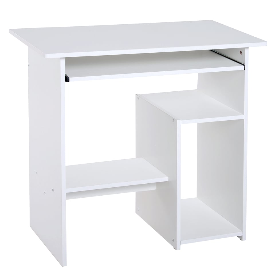 image 1 of HOMCOM Compact Small Computer Table Wooden Desk Keyboard Tray Storage Shelf Modern Corner Table Home Office White