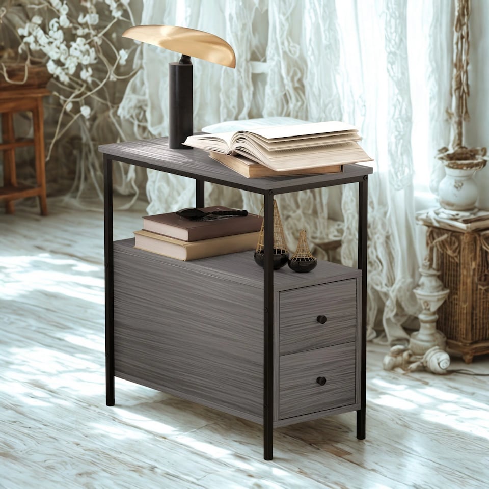 image 1 of Industrial Bedside Table Nightstand With 2 Drawers and Shelf Grey