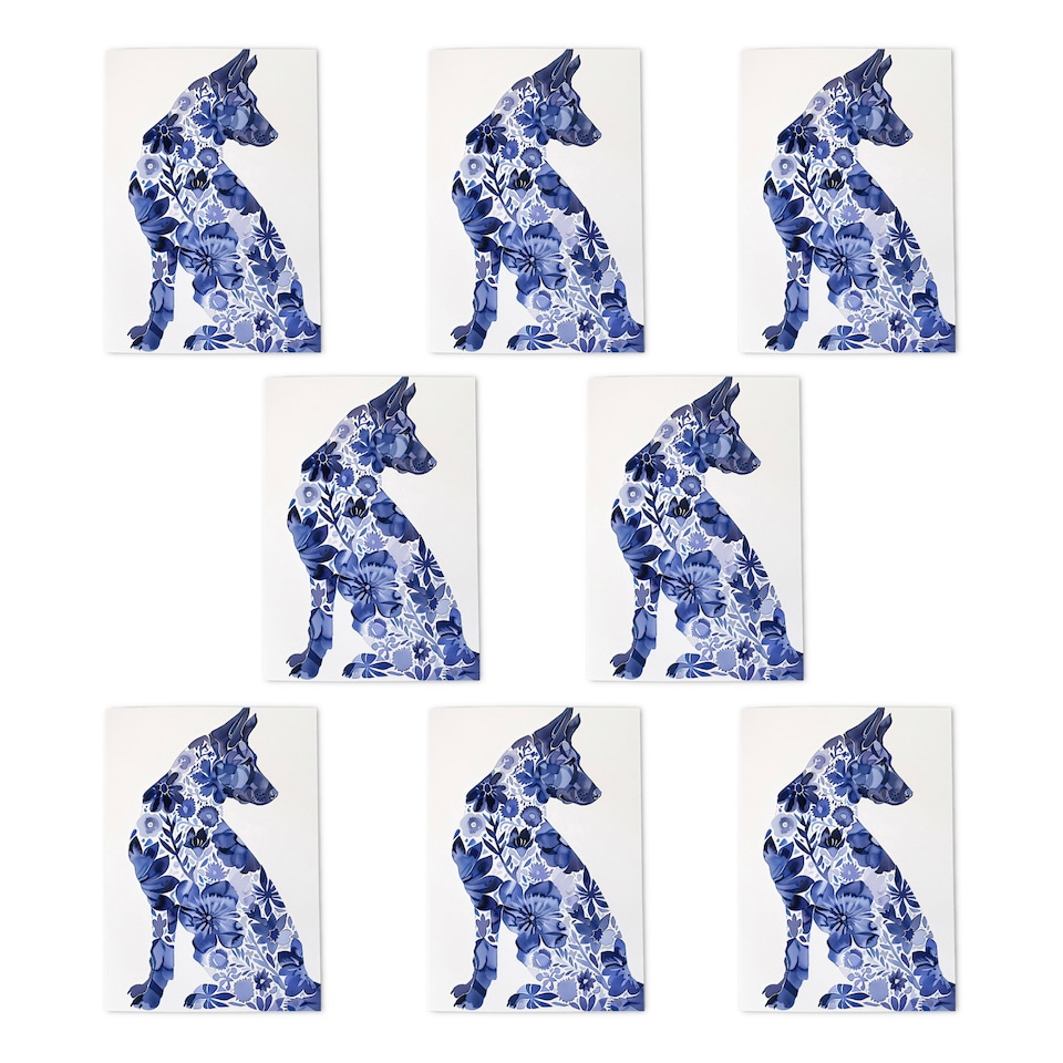 image 1 of Blue German Shepherd Floral Pattern Watercolour Art Cards Pack of 8
