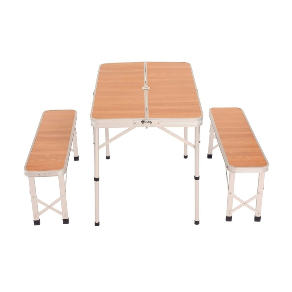 image 1 of Oypla 3ft Folding Outdoor Camping Kitchen Wood Effect Work Top Table and Benches Brown