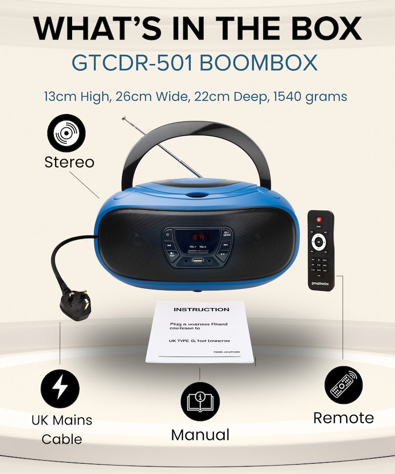 image 1 of Grouptronics Small Portable CD Player For Home With Speakers – Boombox Mains Or Battery Powered, FM Radio, Supports MP3 Audio Books - GTCDR-501