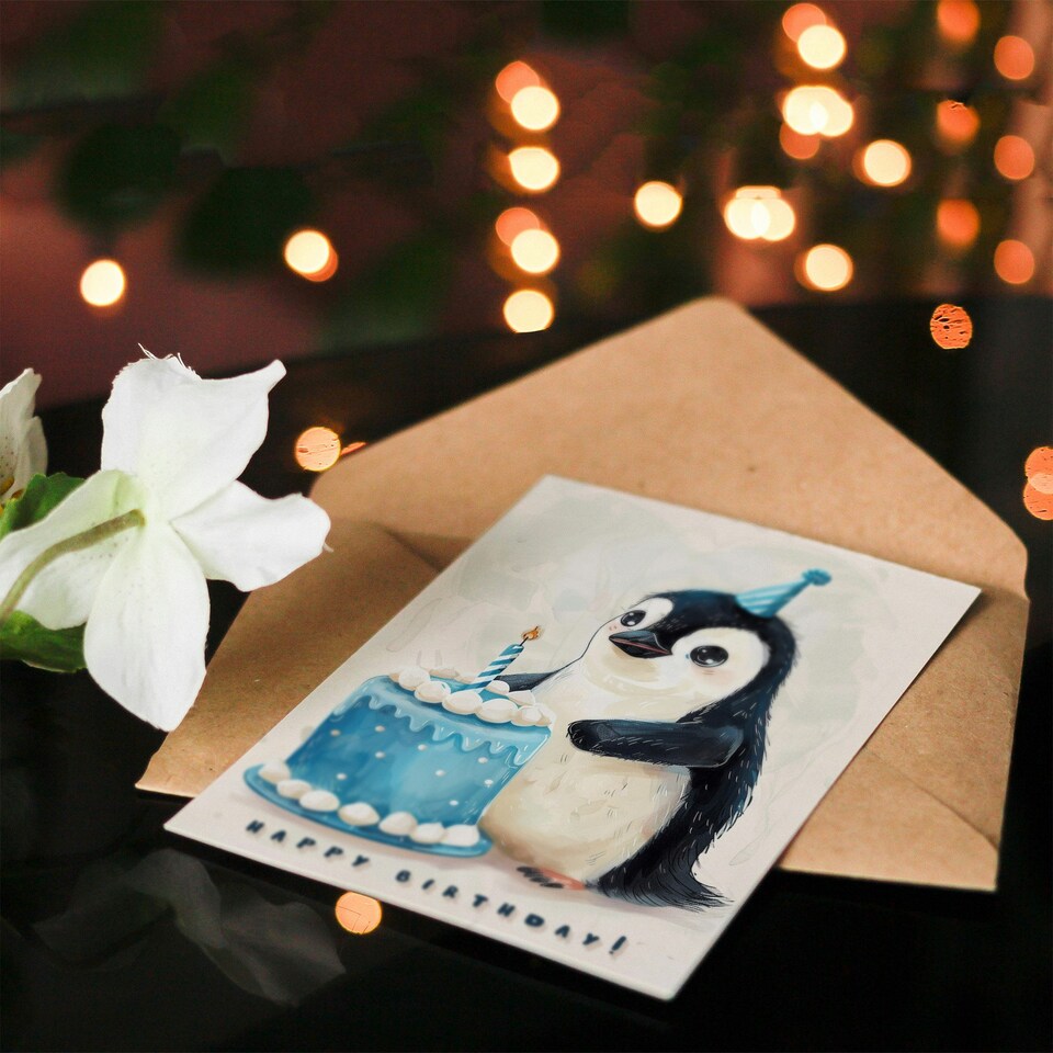 image 1 of Cute Cake Cartoon Kids Girl Boy Penguin Child Baby Birthday Card