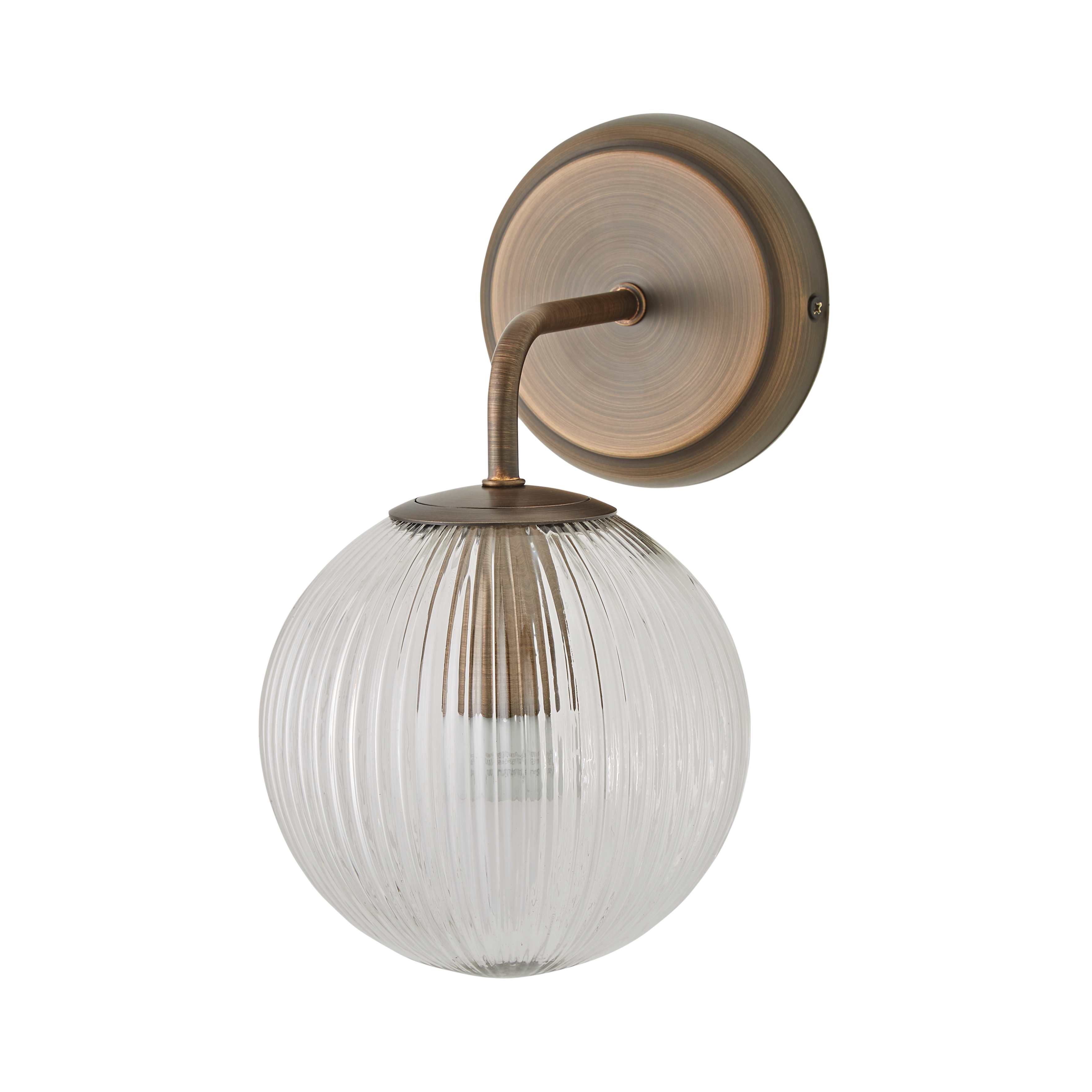 ValueLights Kempton Ribbed Glass Globe Shade Single Arm Wall Light with Bulb in Bronze