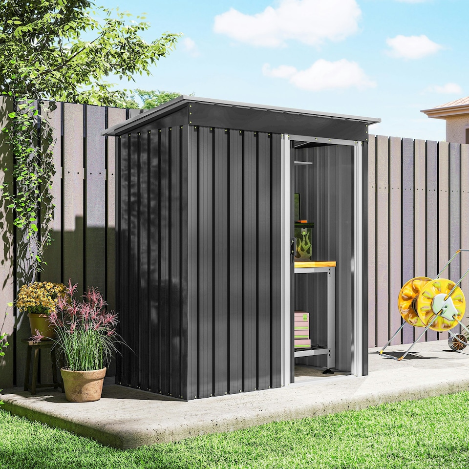 image 1 of Outsunny 5 x 3ft Garden Storage Shed Sliding Door Sloped Roof Tool, Black