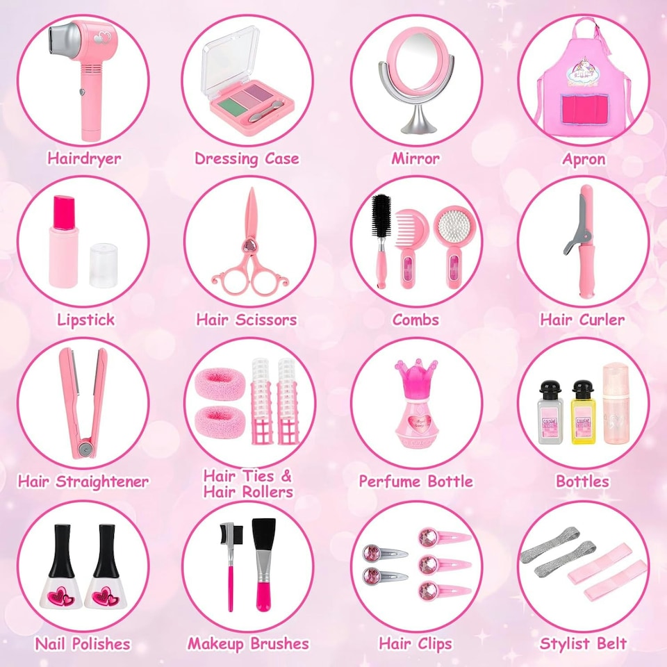 image 1 of Kids Hair Salon Play Set Pretend Hairdressing Makeup Kit with Lights Sounds Unicorn Apron Carry Bag