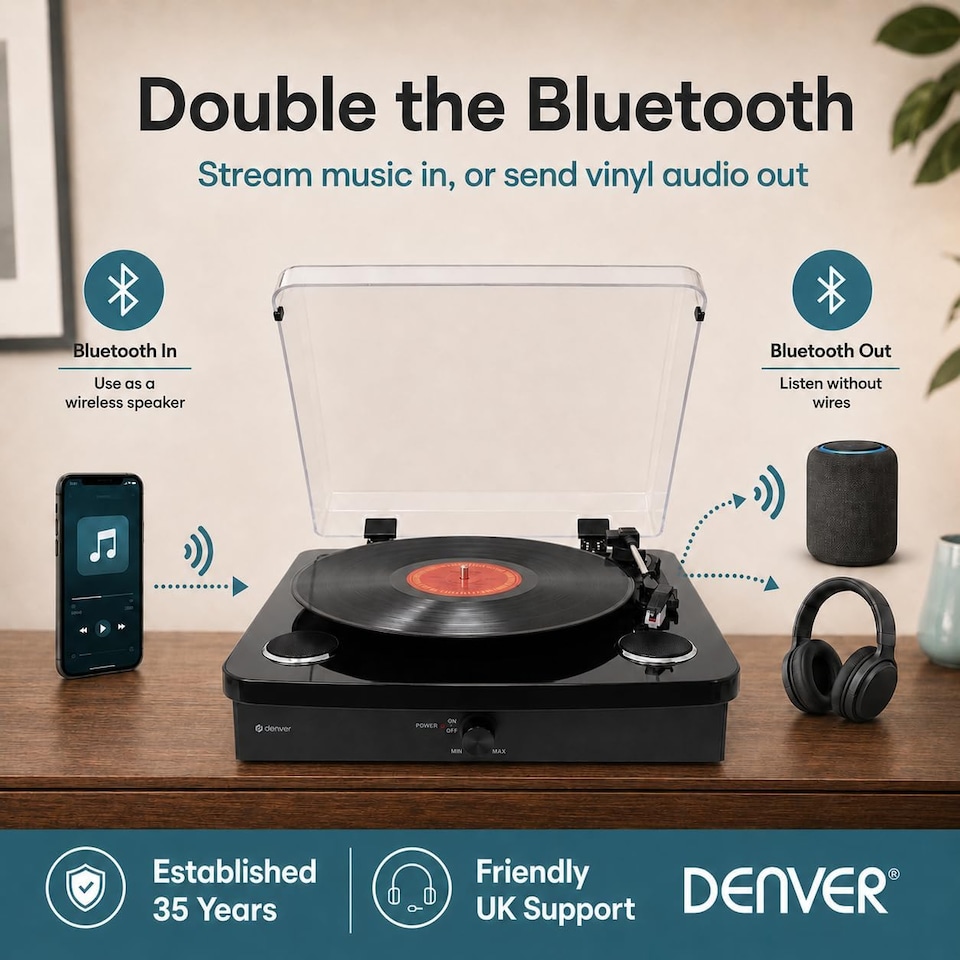 image 1 of Lightwood Vinyl Record Player With Stereo Speakers - Bluetooth Send & Receive - USB & SD Recording - AUX IN & RCA Out