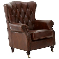 Brown Leather Scroll Armchair, Lounge Chair With Quilted Backrest,Walnut Wooden Chair With Stud Details Brown