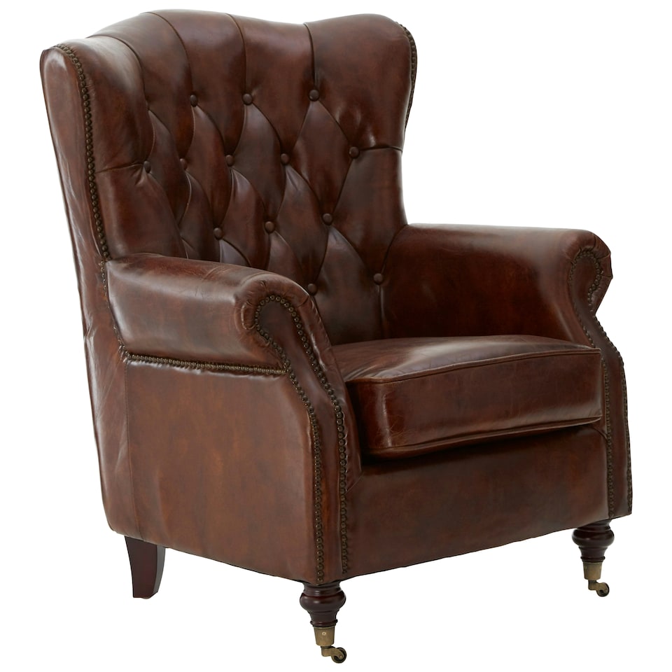 image 1 of Brown Leather Scroll Armchair, Lounge Chair With Quilted Backrest,Walnut Wooden Chair With Stud Details Brown