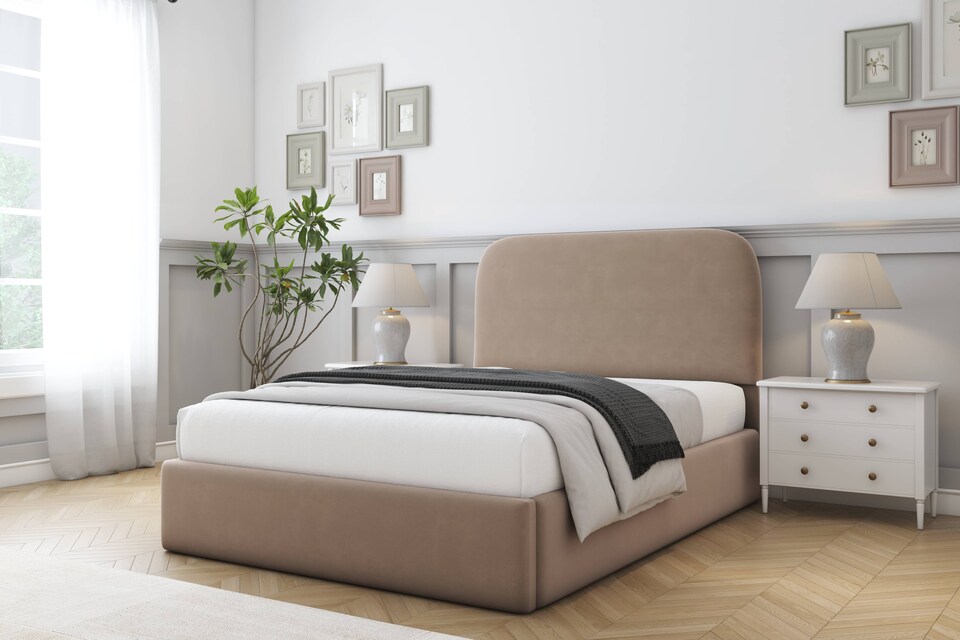 image 1 of Sloomy Belvoir Mink Plush Bed Frame With 45" Upholstered Headboard 4' Small Double