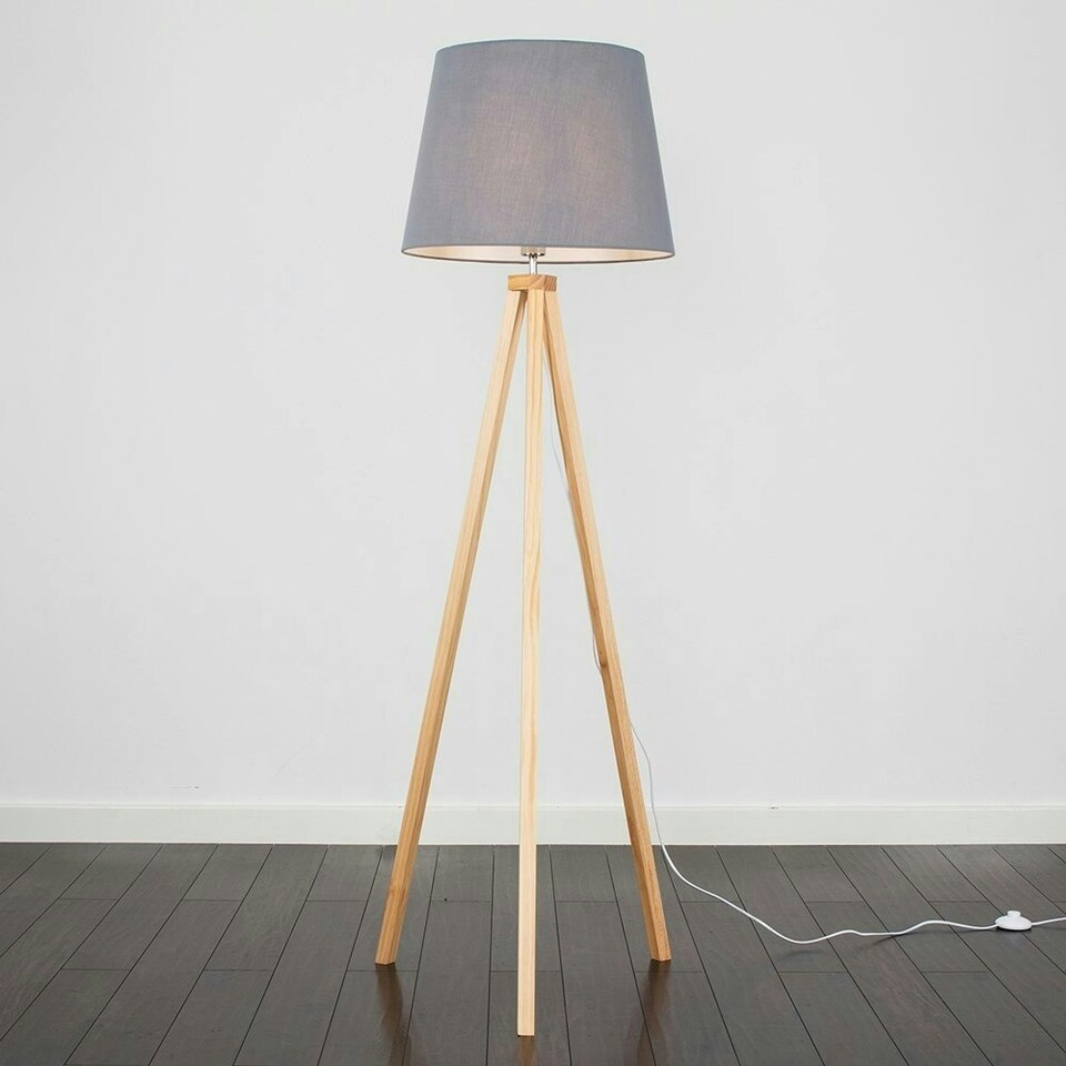 image 1 of ValueLights Barbro Wood Tripod Floor Lamp Grey Taper Shade