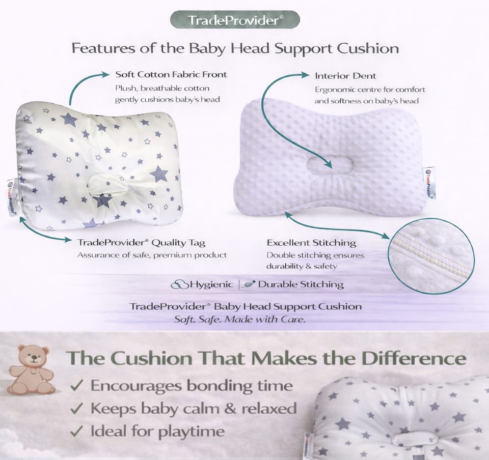 image 1 of TradeProvider® Baby Head Support Cushion for Pram, Pushchair, Stroller, Infant Support Pad, Newborn Travel Headrest (Starlight Grey Collection)
