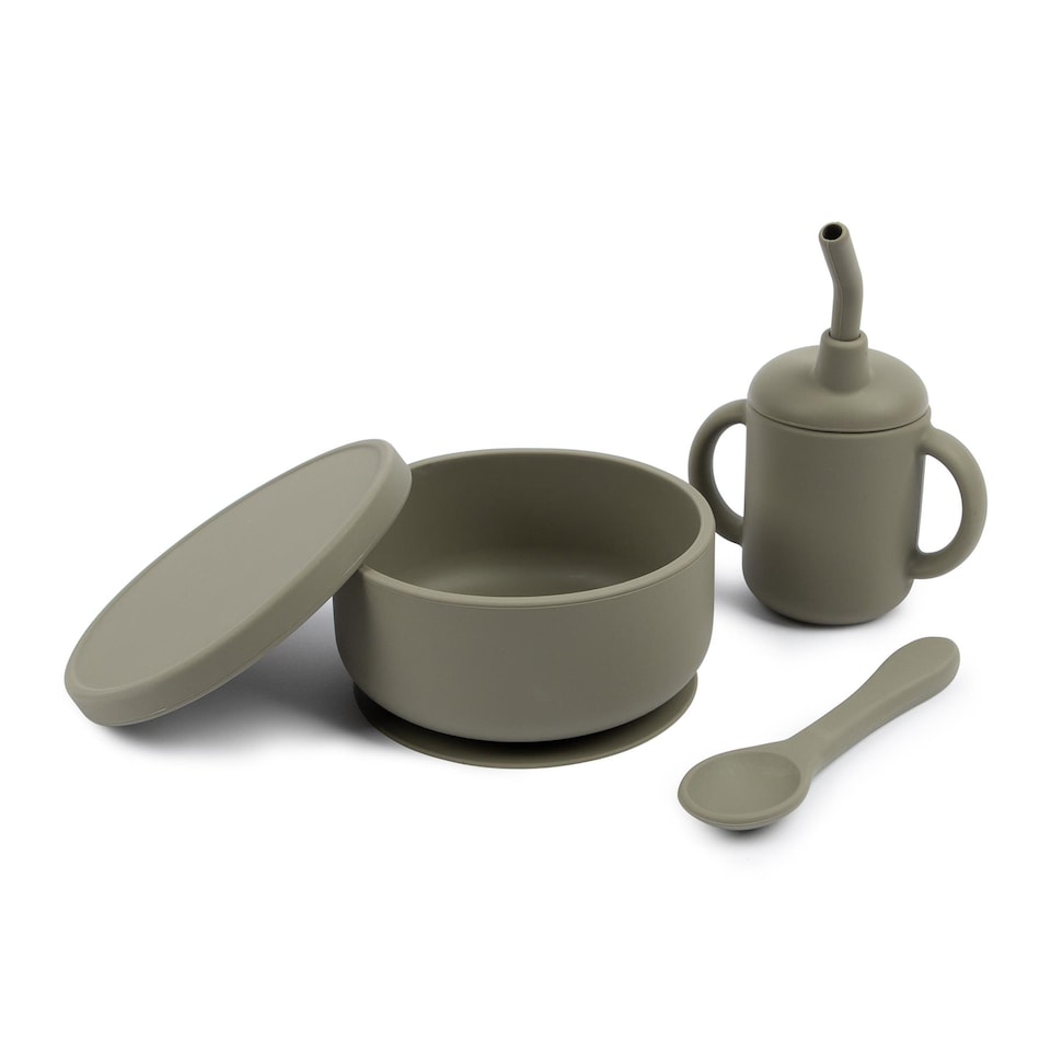 image 1 of Tiny Dining 3pc Silicone Suction Feeding Set - Silver Sage - Silicone Baby Feeding Set with Bowl, Sippy Cup & Spoon