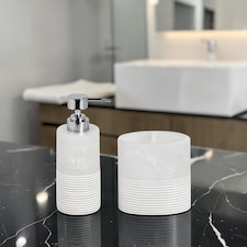 Showerdrape Bianco Frost Onyx White Bathroom Accessory Set - Soap Dispenser & Toothbrush Holder | White | White | 1