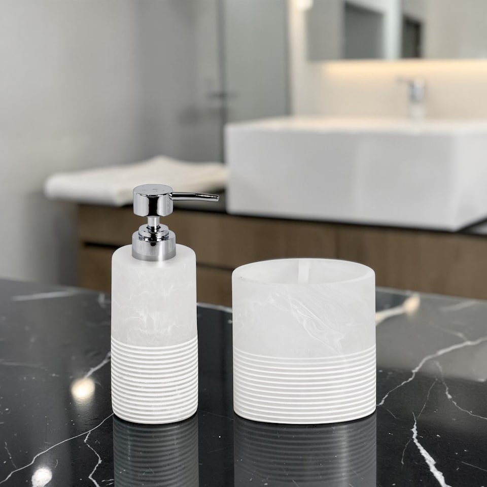 image 1 of Showerdrape Bianco Frost Onyx White Bathroom Accessory Set - Soap Dispenser & Toothbrush Holder | White | White | 1