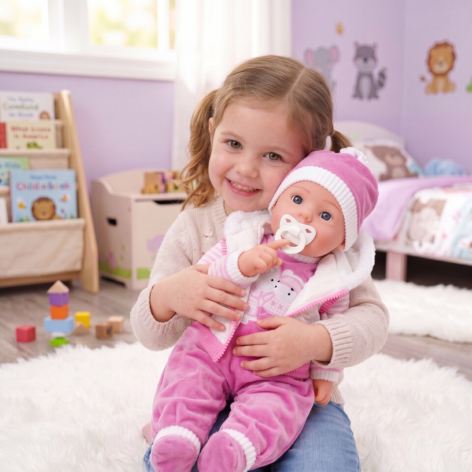 image 1 of BiBi Doll 20" Pinky Baby Doll Girl with White Coat Outfit, Sounds & Dummy Toy