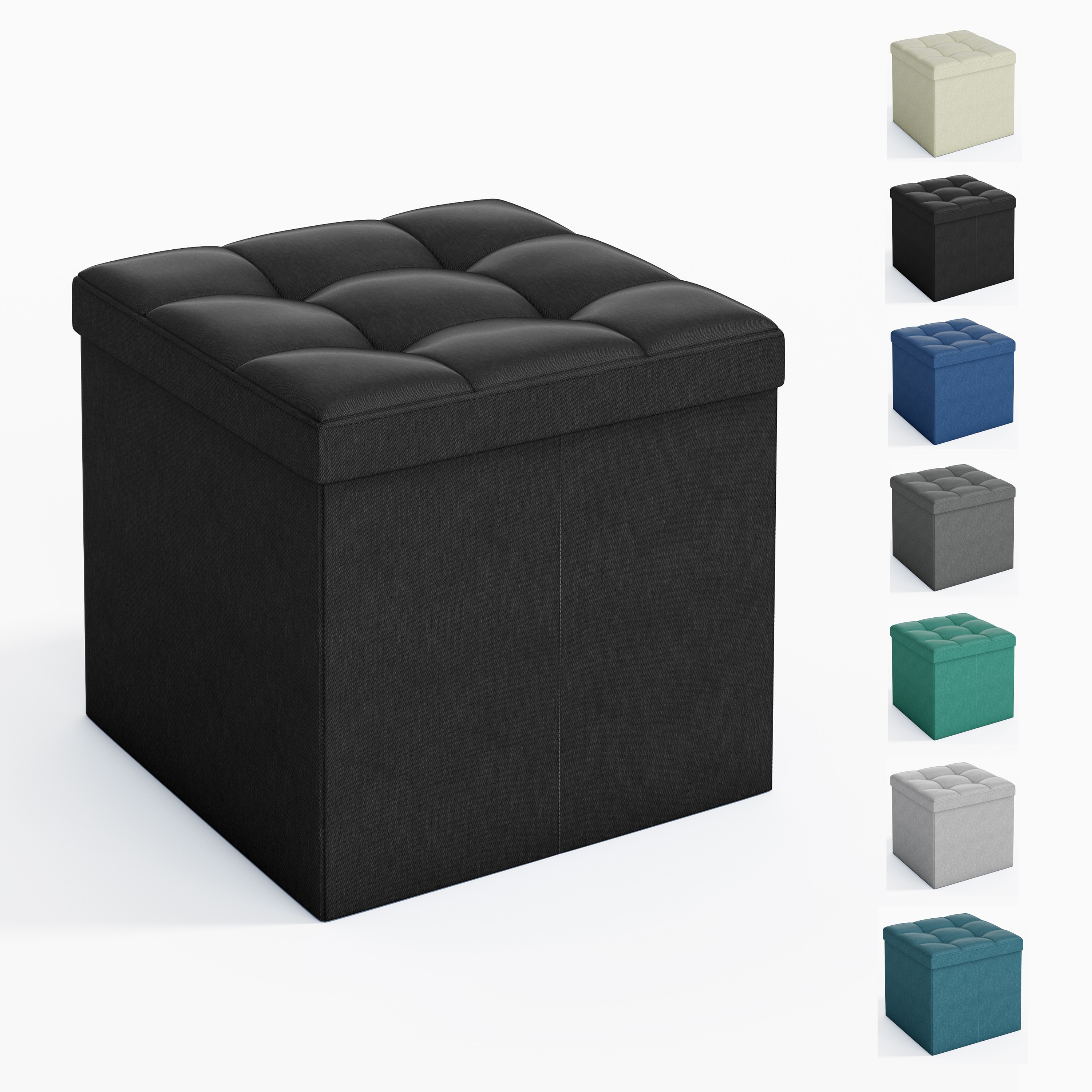 MCC Direct 38cm Square Ottoman Foldable Storage Upholstered Foot Rest in Black