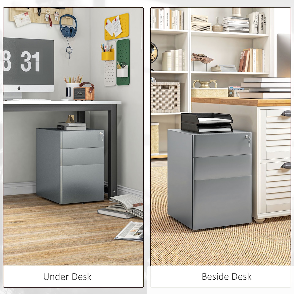 image 1 of Vinsetto 3-Drawer Mobile Filing Cabinet, Steel Lockable File Cabinet for A4, Legal, Letter, Compact Under Desk Storage Unit with Pre-Assembled Body Except Wheels for Home Office, 39 x 48 x 59cm, Grey