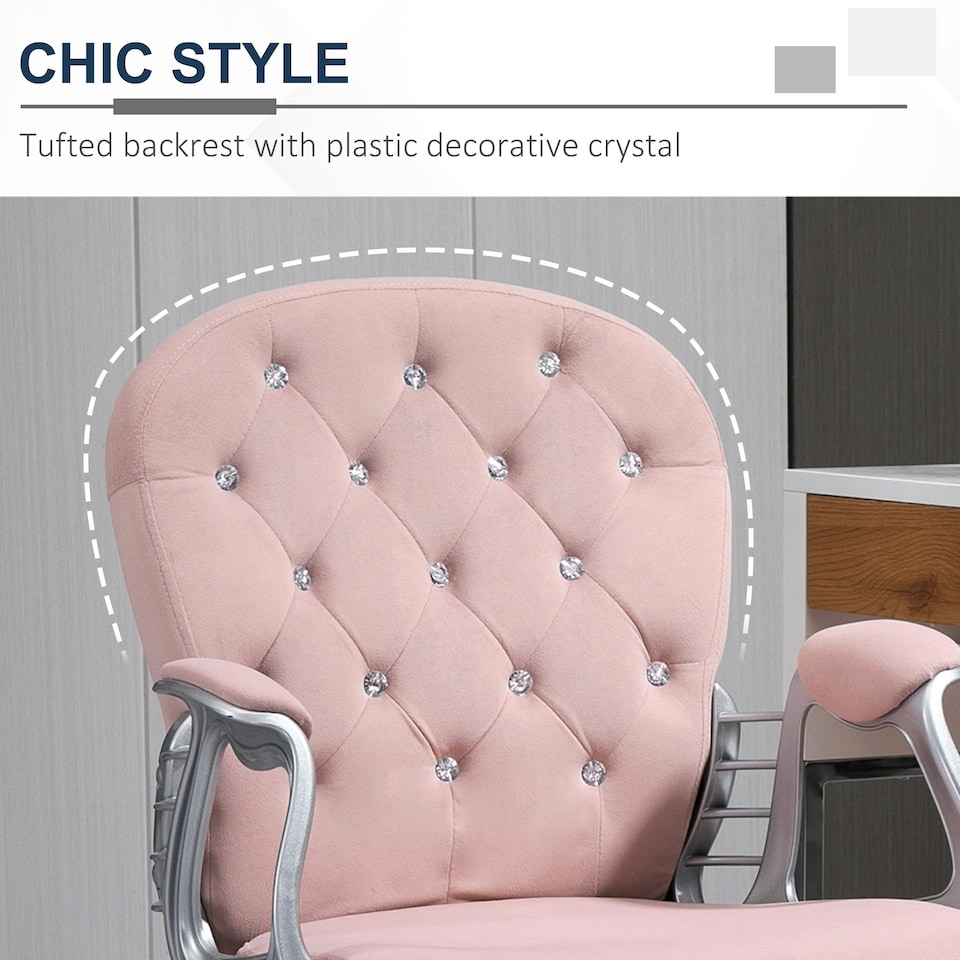 image 1 of Vinsetto Office Chair Velour Diamond Tufted Padded Ergonomic 360° Swivel Pink