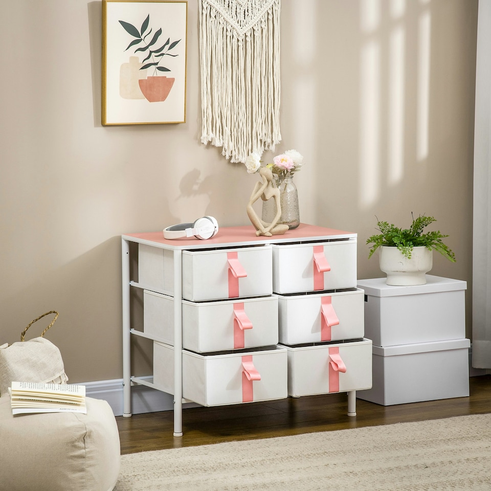 image 1 of HOMCOM 6 Drawer Chest of Drawers w/ Wooden Top Kid Room Closet Hallway Pink