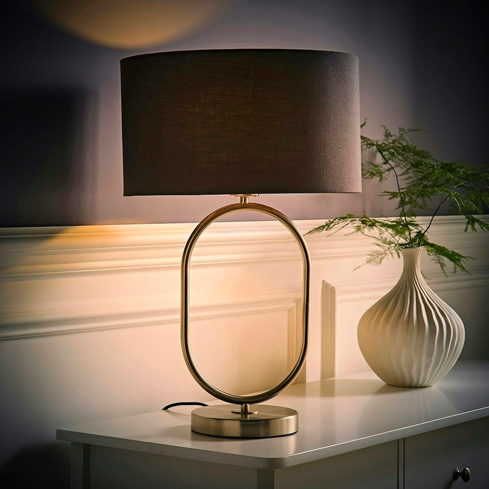 image 1 of ValueLights Antonia Charcoal Fabric Drum Lamp Shade Brushed Chrome Oval Table Lamp Silver