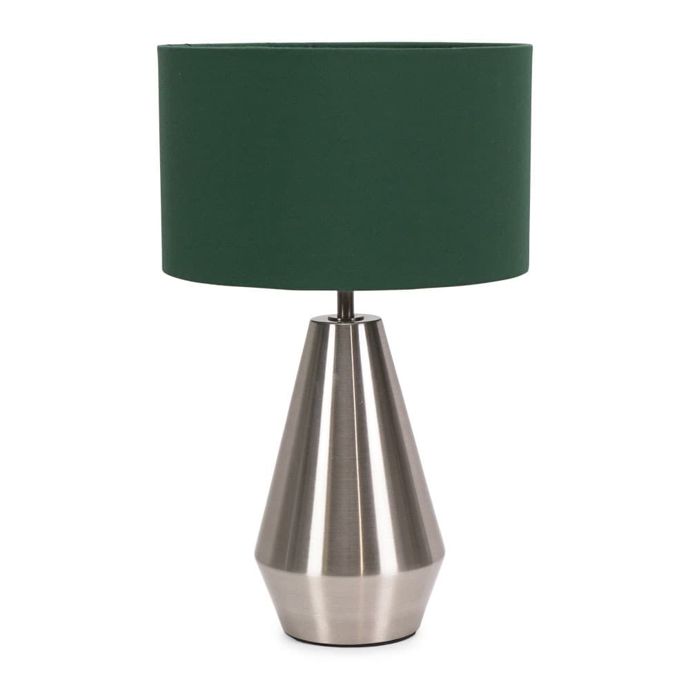 ValueLights Jax Brushed Chrome Dimmable Touch Table Lamp with Fabric Drum Shade & LED Bulb in Bottle Green