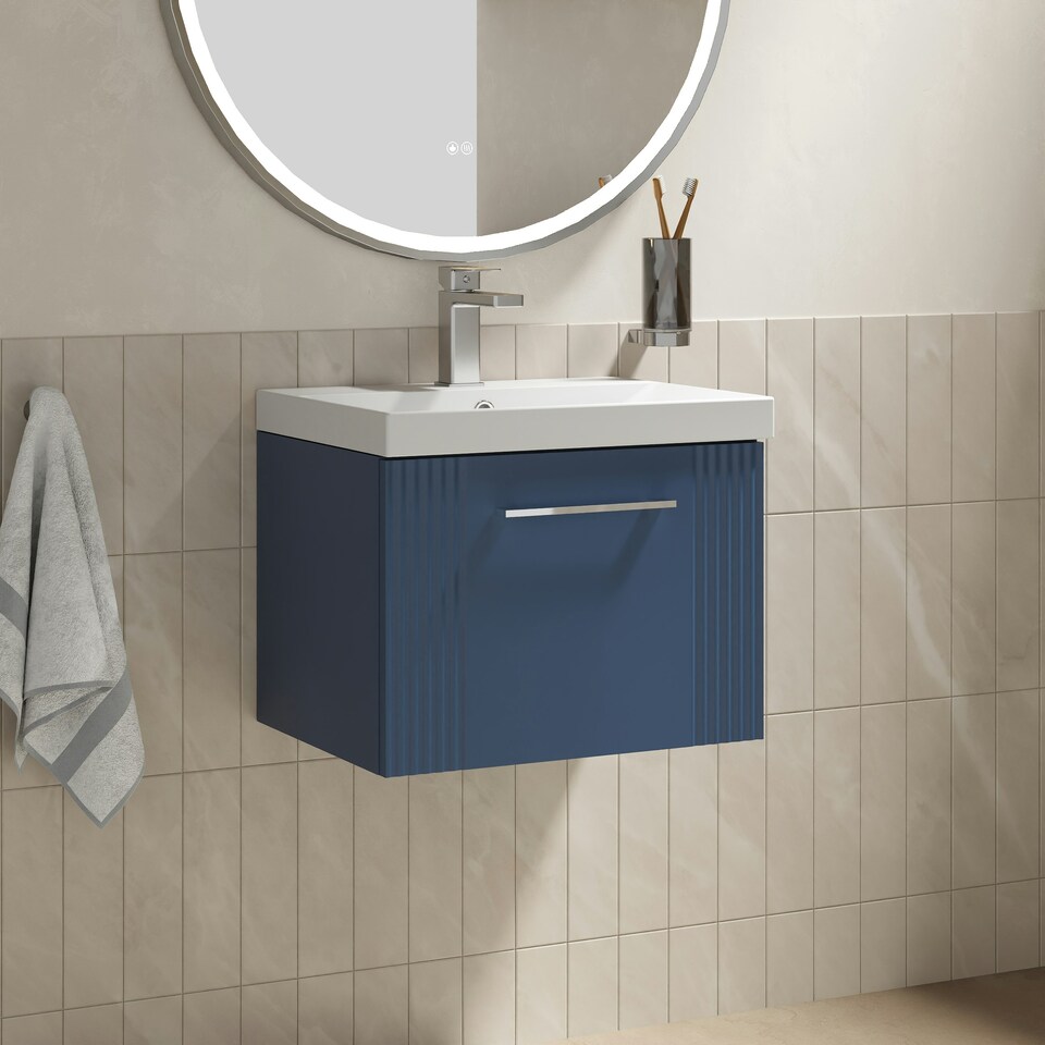 image 1 of Retro 1 Drawer Wall Hung Vanity Unit with Thin-Edge 1 Tap Hole Ceramic Basin - 500mm - Satin Blue - Balterley Blue