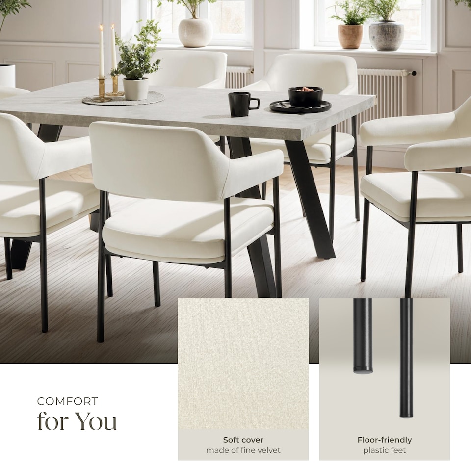 image 1 of Armchair Doe - durable fabric, black powder-coated legs, 120 kg load, 58 x 62 x 85 cm | White | velvet look off-white | 4