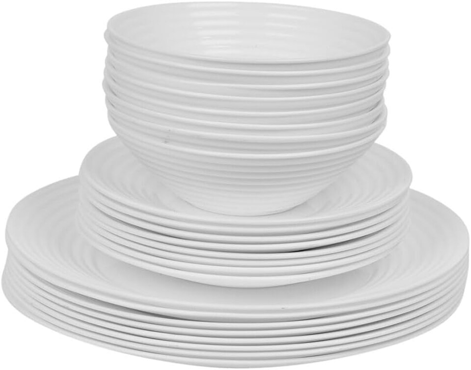 image 1 of White Opal Glass Dinner Set Plates Soup Bowls Dinnerware | White | Vienna Ribbed - 24 Pcs | 24