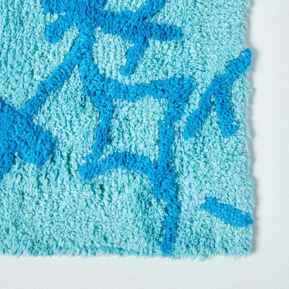 image 1 of Homescapes Blue Damask Cotton Bath Mat