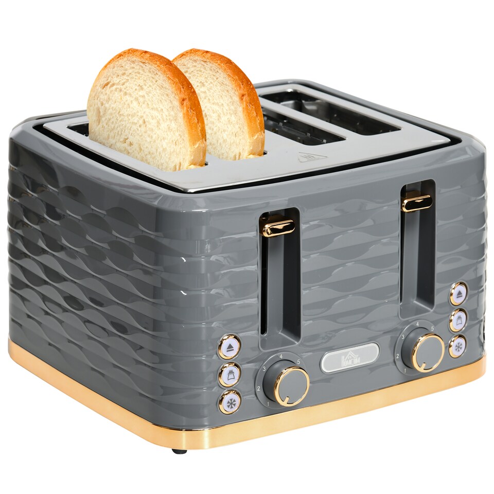 image 1 of HOMCOM 4 Slice Toaster with 7 Browning Levels, High Lift, ReheatDefrostCancel, Self-centring Function, Removable Crumb Tray, Auto Off, 1600W, Grey Water Ripple Texture | Grey | Rose gold accents