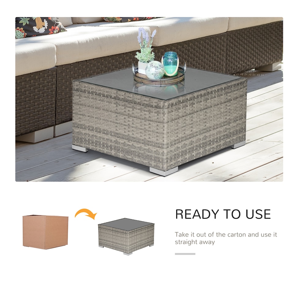 image 1 of Outsunny Rattan Garden Coffee Table, 65 cm Square Garden Rattan Table with Tempered Glass Top, All Weather Wicker Bistro Outdoor Furniture for Patio, Balcony, Porch, Grey