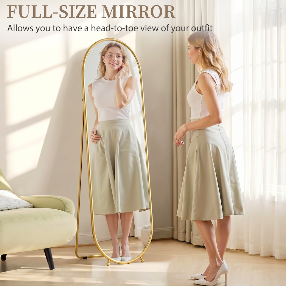 image 1 of HOMCOM Oval Full Length Mirror with Metal Frame Hanging or Leaning Gold Tone