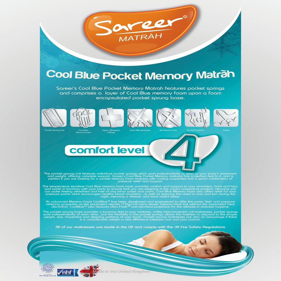 image 1 of Sareer Cool Blue Pocket Sprung Memory Foam Mattress 4FT White | Small Double